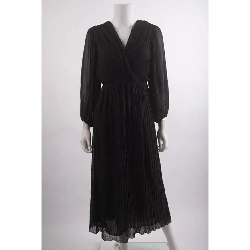 Zara Womans Pleated Midi Dress Size XS Black Blouson Sleeve 8741/247 NWT No belt